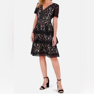NEW with Tags Eliza J Black Lace V-Neck Tiered Midi Dress